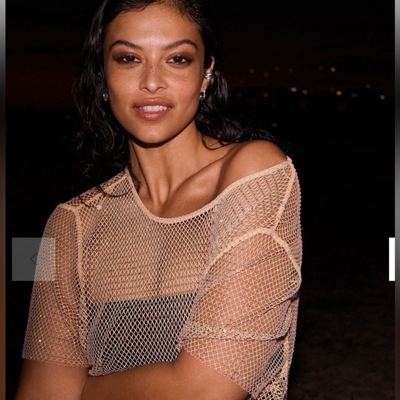 Anthropologie Sunday in Brooklyn Cream Rhinestone Mesh Top With A Cami Size XL - Picture 3 of 6